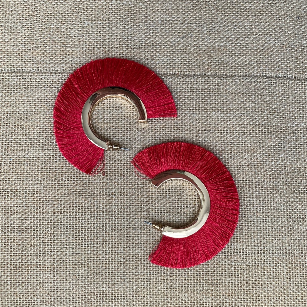 Red Fringe Hoop Earrings